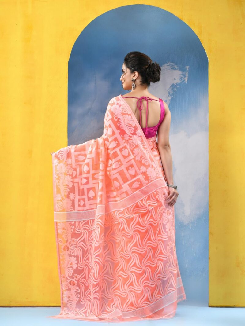 dB DESH BIDESH Women`s Resham Dhakai Jamdani Cotton Handloom Saree Playing Card Design Jamdani Saree (Orange White) - Image 6