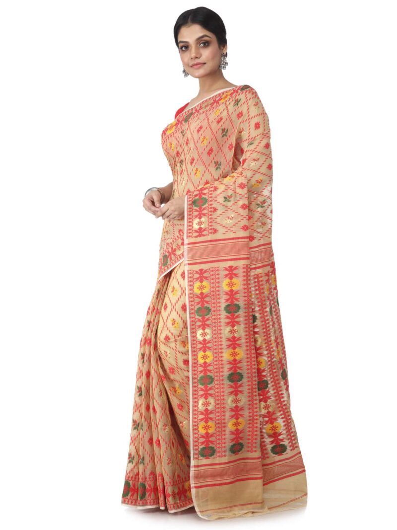 PinkLoom Women's Soft Cotton Jamdani Saree Without Blouse Piece, Beige, Gb156 - Image 4