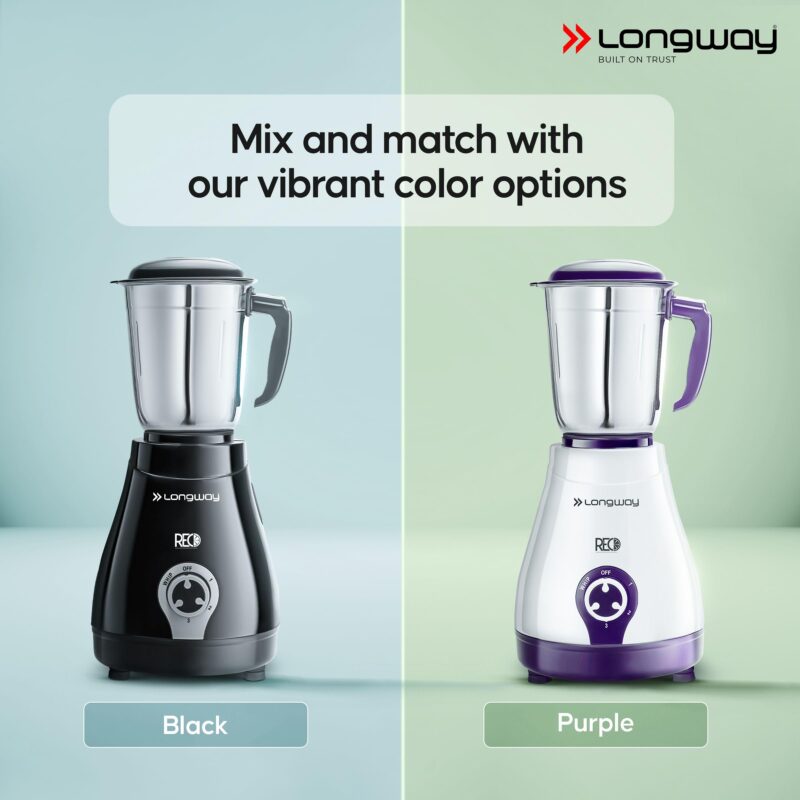 Longway Reo 550 Watt Mixer Grinder with 4 Jars for Grinding, Mixing, Blending, Juicing with Powerful Motor | 1 Year Warranty | (Black & Gray,4 Jars) - Image 3