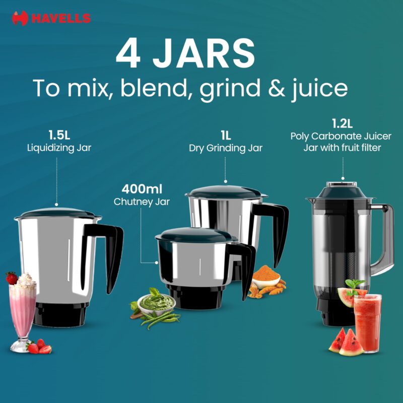 Havells ESO 750W 4 JAR Mixer Grinder, 304 SS Blades, High Speed 21000 RPM motor, Heavy and Wider mouth SS Jars, All Jars with Handle, 2 Year Product & 5 Year Motor Warranty (Teal) - Image 5