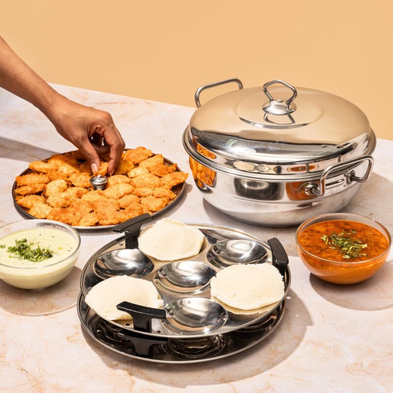 Vinod Stainless Steel Deluxe Multi Kadai with 6 Plates - 26cm, 2 Idli, 2 Dhokla,1 Patra and 1 Mini Idli Plate | Dhokla and Momos Steamer, Maker,Induction Friendly - Image 7