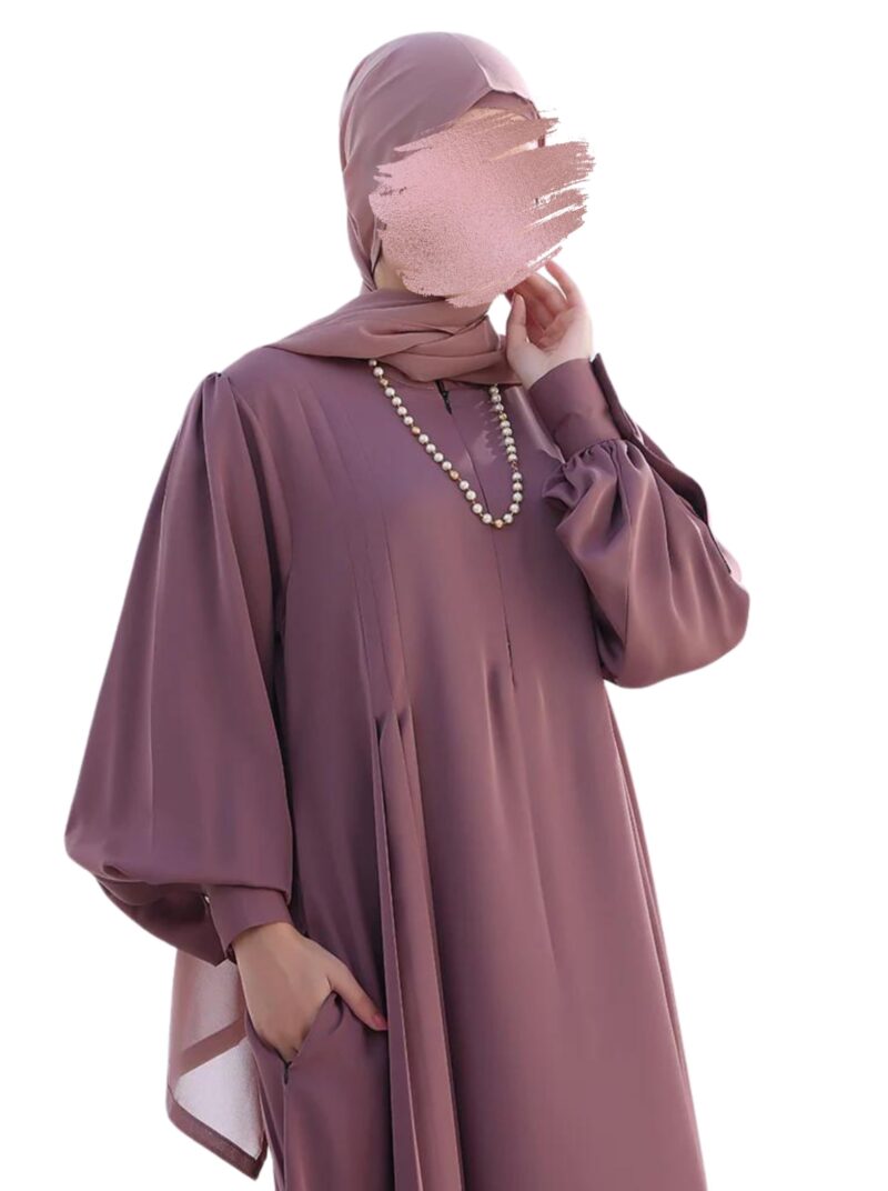 Musheco Designer Abaya Burqa in Firdaus Fabric | Zipper Opening on Yoke | Cuffed Sleeves with Buttons | Loose Fit | Comes with Pockets and Hijab (cop-031-PNK) (LARGE) - Image 7