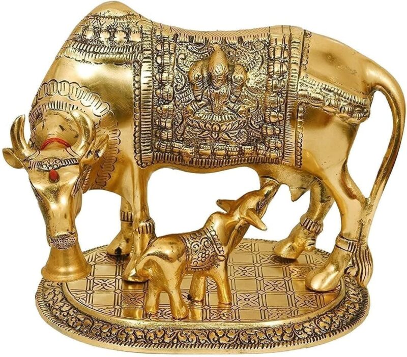 ND Fashion Brass Golden Kamdhenu Cow with Calf | | Vastu Gau MATA Idol | | Spiritual Vastu Nandi Pooja Figurine Sculpture | Kamdhenu Cow & Calf Idol for Home and Office (Cow with Calf) - Image 4