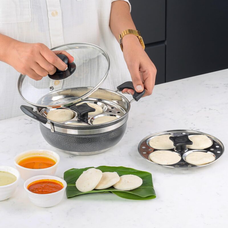 Cello Magna Stainless Steel Multi Kadai Idli cooker with Glass Lid & 2 Idli Plates | Multi-purpose use | Perfect for Frying, Sautéing, Roasting, Preparing sabjis | Dishwasher Safe - Image 7