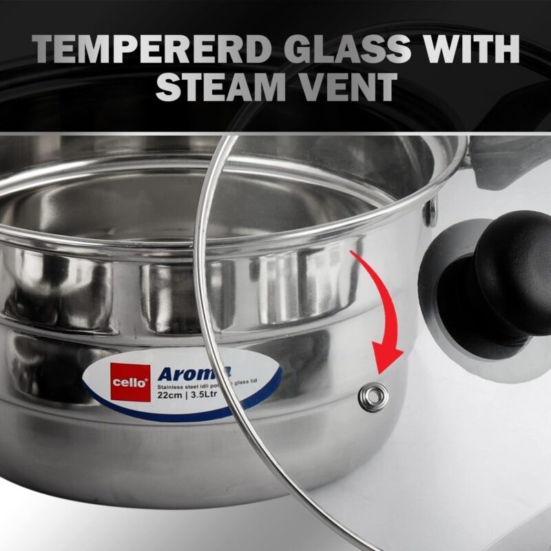 Cello Aroma Stainless Steel Idli Pot with Glass Lid with Multiple Plates 22cm, Silver, 3.5 liter | Compatible With Gas Stove & Induction | Ideal For Dhokla, Patra, Idli, and Momos - Image 3