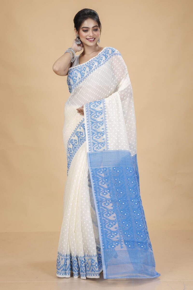 Tant Vastra Women’s Soft Resham Dhakai Ball Work Jamdani Saree without Starch And Without Blouse Piece (Steel) (White-Light Blue) - Image 5