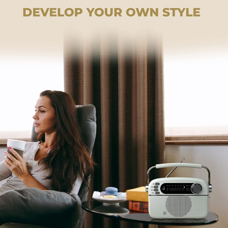 iGear Evoke Retro Modern style Radio and MP3 player with FM/AM/SW, 3 bands, Bluetooth speaker, USB, TF/SD Card, 1200mAh rechargeable battery, Solar charger, Material ABS and Metal, Colour Pearl White and Champagne Gold, 1 Year Free replacement warranty. - Image 4