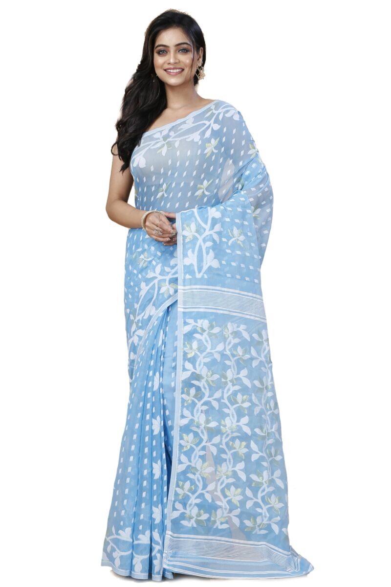 OISHANI SAREE GHOR Women's Traditional Bengal Cotton Silk Belpata Jamdani Saree (Sky Blue)