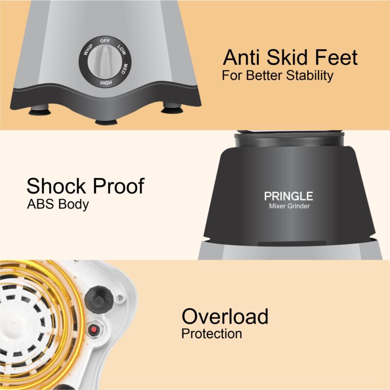 Pringle Crown Dlx 750 Watt Juicer Mixer Grinder with 4 Jars for Grinding, Mixing, Juicing with Powerful Motor | 1 Year Warranty | (Black & Gray, 4 Jars) - Image 6