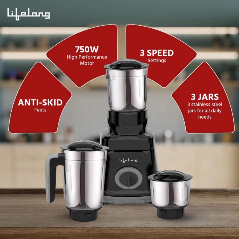Lifelong LLMG76 750 Watt Mixer Grinder|3 Jars (Liquidizing, Wet Grinding and Chutney Jar)| Stainless Steel blades| 3-Speed & Pulse Function| Anti-Skid Feet| 1 Year Warranty (Black) - Image 4