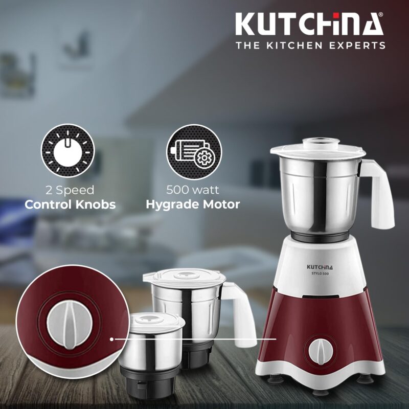 Kutchina Stylo 500 Hygrade Motor Mixer Grinder 500 Watt with 3 Jars (Liquidizing, Wet Grinding, Chutney Jar) | Stainless Steel Blades | Mixer Grinder 500+ Watt | 2 Years on Product - Image 4