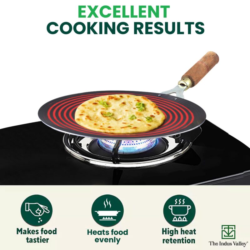 The Indus Valley Pre-Seasoned Iron Tawa for Dosa/Chapathi with Wooden Handle | 27cm/10.6 inch, 0.95kg | Gas Stove Friendly | 100% Pure & Toxin-Free, No Chemical Coating - Image 4