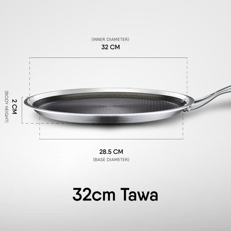 Stahl Triply Stainless Steel Non Stick Tawa | Tri Ply Dosa Tawa | Stainless Steel Scratch Resistant Dosa Tawa with Induction Base | Hybrid 6932, Dia 32 cm - Image 2