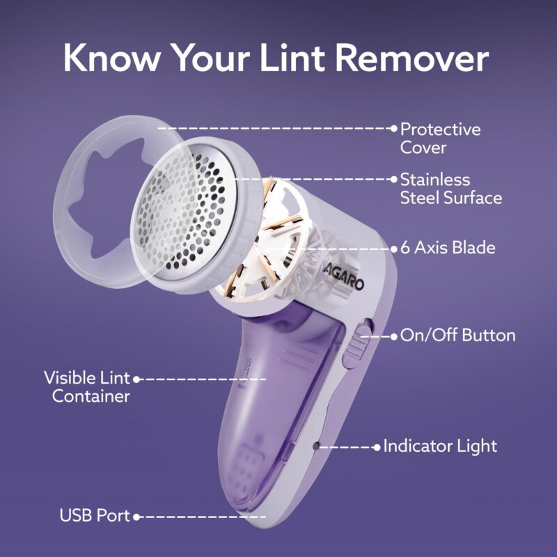 AGARO 2419 Lint Remover, Electric Fabric Shaver, Rechargeable, Stainless Steel Blades, Portable, Multi-Functional Fuzz Remover from Woollen Sweaters, Coat, Blankets, Jackets, Carpets, Burr Remover - Image 2