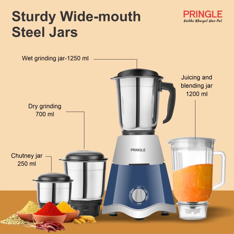Pringle Crown Dlx 750 Watt Juicer Mixer Grinder with 4 Jars for Grinding, Mixing, Juicing with Powerful Motor | 1 Year Warranty | (Blue & Gray, 4 Jars) - Image 7