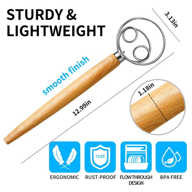 (More Efficient) TeeVea Danish Dough Whisk Stainless Steel Dutch Style Bread Dough Hand Mixer Blender Wooden Handle Kitchen Baking Tools Artisian Blender - Image 2