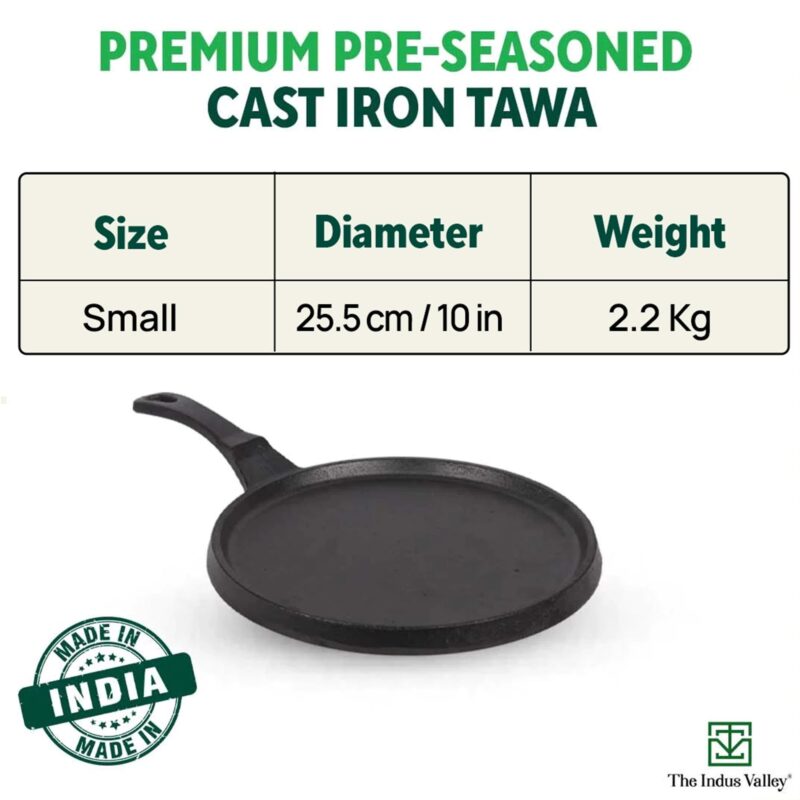 The Indus Valley Pre-Seasoned Cast Iron Tawa for Dosa/Chapathi with Silicone Grip | 25.5cm/10 inch, 2.1kg | Induction Friendly | Naturally Nonstick, 100% Pure & Toxin-Free, No Chemical Coating - Image 9
