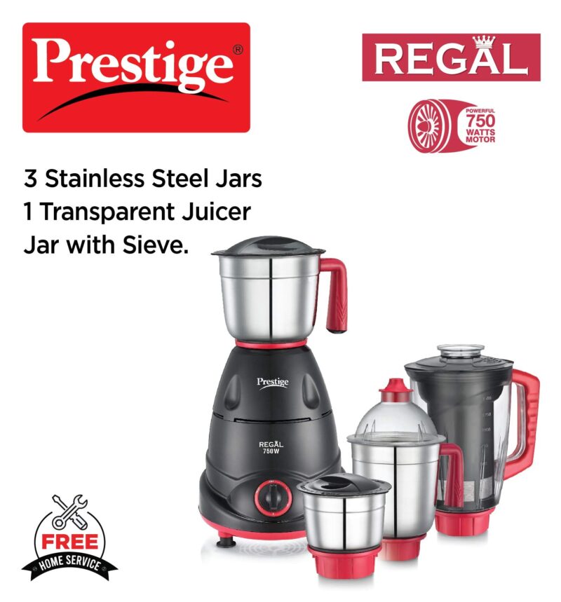 Prestige Regal Mixer Grinder, 750W, 3 Stainless Steel Jar + 1 Juicer Jar, Multi-Color, Medium - Image 5