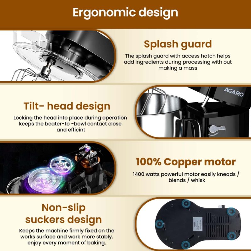 AGARO Imperial Stand Mixer,1400W with 6L SS Bowl, 1.5L Blending Jar,10 Speed With Pulse Function, 100% Copper Motor, Includes Blending Jar, Whisker, Beater, Dough Hook, Egg White Separator, Black - Image 4