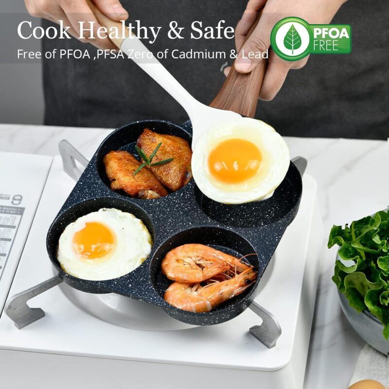 Cazuela 4 Cups Egg Pan Omelette Pan Frying Pan Egg Frying Pan 4 Cup Crepe Pan Granite Egg Cooker Breakfast Pancakes Pan Suitable for Gas Stove & Induction Cookware (Wood Grain Handle) - Image 7