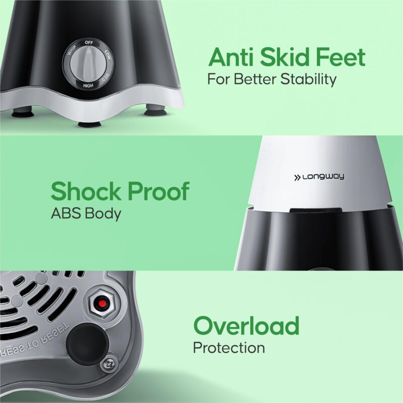 Longway Super Dlx 4 Jar 750 Watt Mixer Grinder - Black & Grey | ABS body | Heavy Duty Motor | Nano-grinding technology | 304 Grade Stainless Steel Blade | Noise levels 80-90 DB |1 Years warranty - Image 5