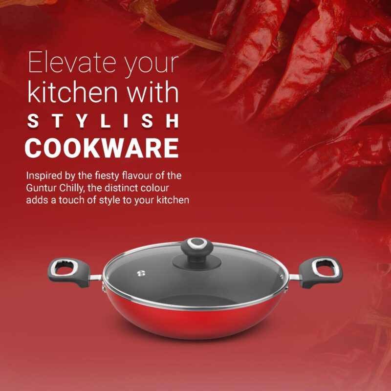 ‎Preethi Dura Collection Non Stick Kadai, 24 cm, with Glass Lid, Gas & Induction Compatible, 5 Star Non Stick Effect, Chilly Red - Image 3