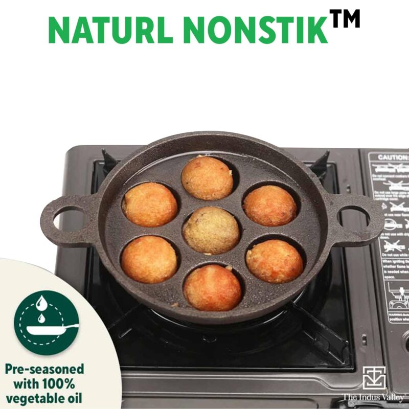 The Indus Valley Super Smooth Cast Iron Paniyaram Pan | 7Pit, 19Cm/7.4 Inch, 2.2Kg | Induction Friendly | Nonstick, Pre-Seasoned Appe/Paddu Pan, 100% Pure & Toxin-Free, No Chemical Coating - Black - Image 4