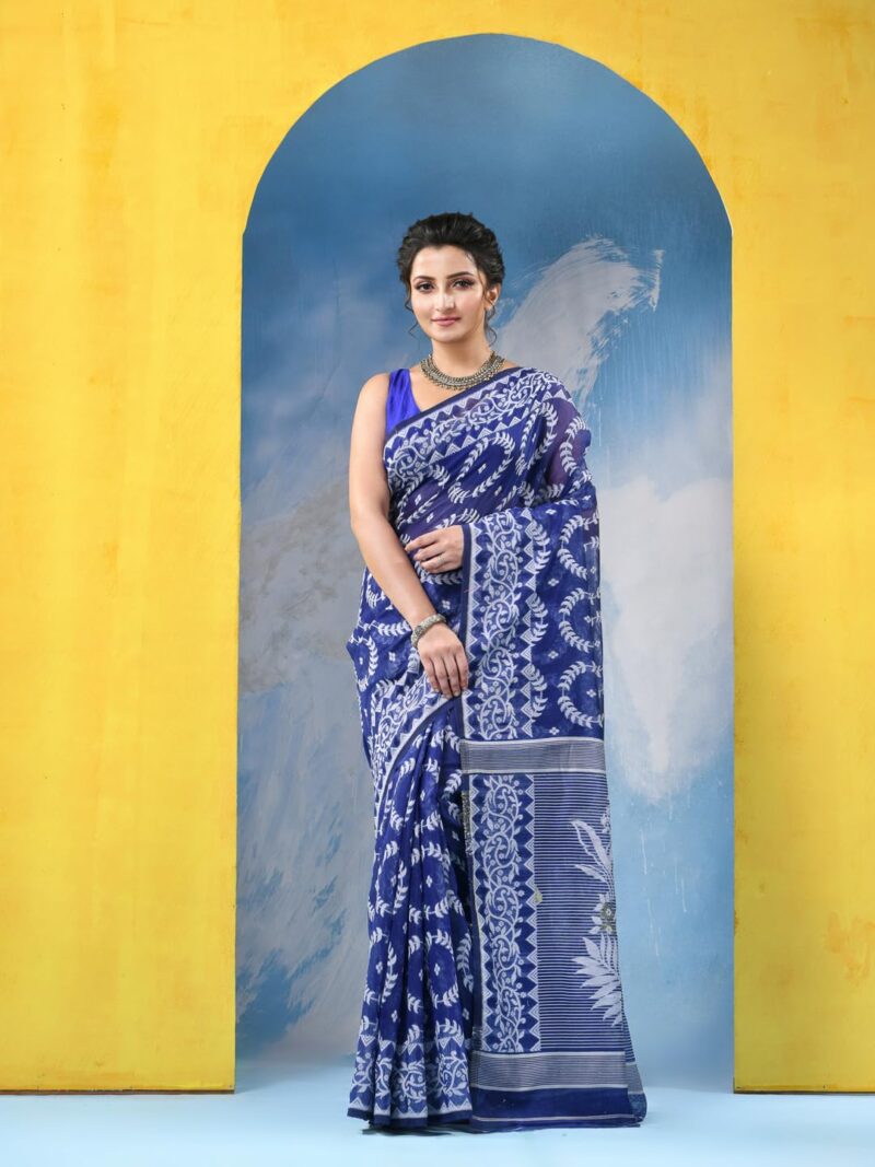 dB DESH BIDESH Women`s Resham Dhakai Jamdani Cotton Handloom Saree Rose Design Jamdani Saree (Blue White) - Image 5