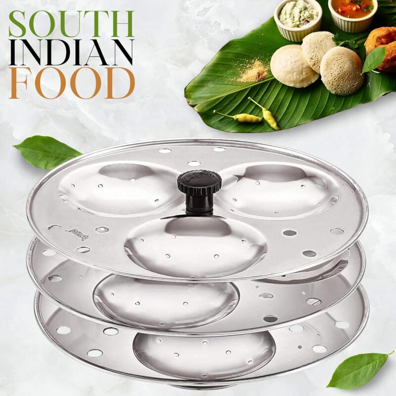 Blluex Stainless Steel Heavy Quality Idli Stand For 5 Liter above Cooker Idli Maker Makes 9 Medium Size Idlis At Once With Stand Kitchen Tool 3 Plates - Silver - Image 6