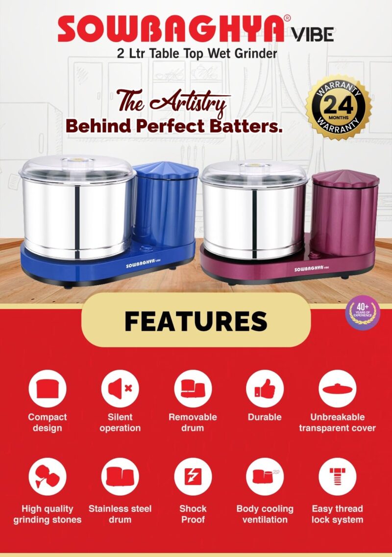 Sowbaghya Vibe 2Ltr Table Top Wet Grinder(Metallic Pink) | Heavy Duty Motor | Ideal for Your Kitchen | 2Ltr Wet Grinder for All Kinds of Batter for South Indian Dishes - Image 2
