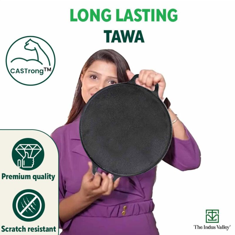 The Indus Valley Pre-Seasoned Cast Iron Cookware Set+ Free Tadka Pan|Tawa (30.5 Cm)+ Kadai (25.4 Cm/2.3L)+ Fry Pan (23 Cm/1.4L)|Kitchen Cooking Combo Pots & Pans Set Of 4Pcs|Naturally Nonstick - Black - Image 3
