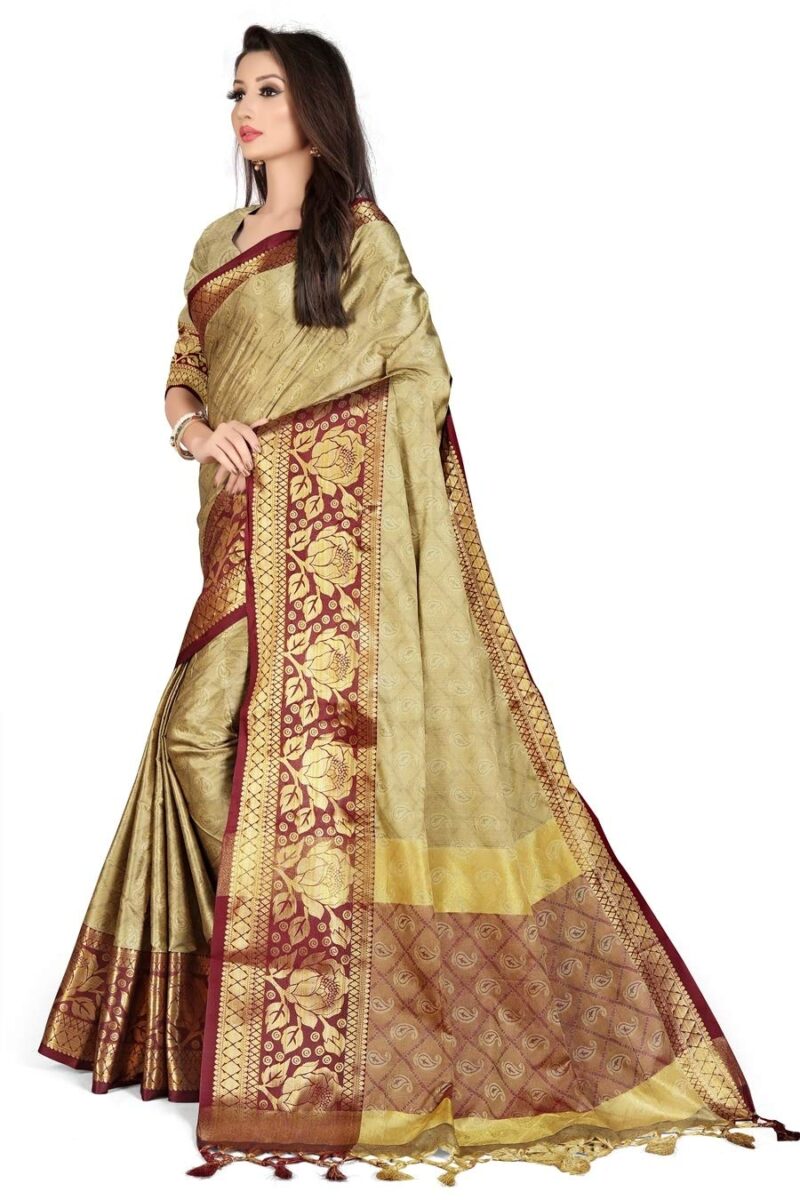 leeza store Banarasi Cotton Silk Kanjivaram Style Saree With Blouse Piece (Cream Color_Free Size) - Image 6