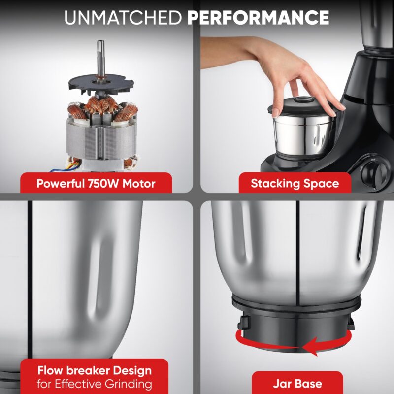 Prestige Iris Pro 750 Watts Mixer Grinder with 4 Jars (3 Stainless Steel Jars + 1 Juicer Jar)|4 Super-Efficient Stainless Blades |Jar Storage Space Sturdy Handles |2 Years Warranty |Black - Image 4