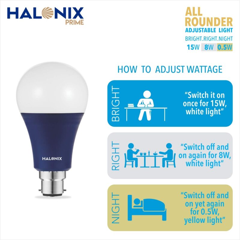 Halonix All Rounder Base B22D 15W,8W,0.5W Multi Wattage Adjustable Light Led Bulb (Pack Of 1, White & Yellow) - Image 4