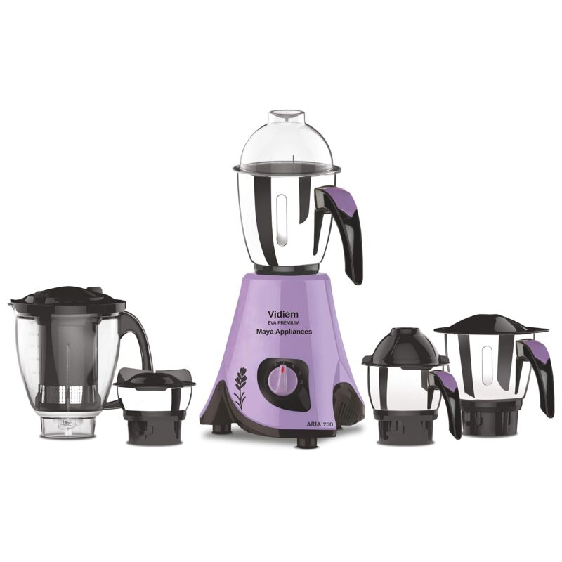 Vidiem Eva Premium 556 A (Lavender with Black) | 750 watt Mixer Grinder with 5 Jars in-1 Juicer mixer | Leakproof Jars with self-lock for wet & dry spices, chutneys & Curries | 5 Years Warranty