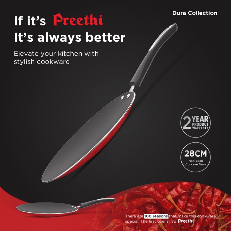 Preethi Dura Collectiona Non Stick Concave Tawa, 28 cm, Gas & Induction Compatible, 5 Star Non Stick Effect, Chilly Red - Image 5