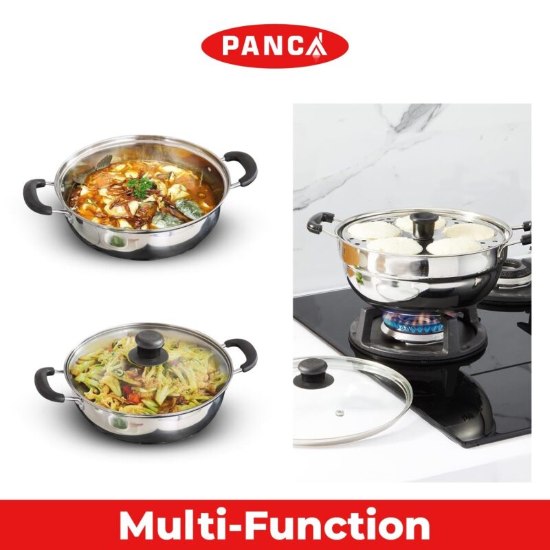 PANCA Stainless Steel Idli Maker 2 Plates With Glass Lid, Makes 10 Idli, Premium Idli Cooker,Multipurpose Kadai For Cooking And Serving,Premium Idli Pot With Glass Lid (10 IDLI) - Image 7