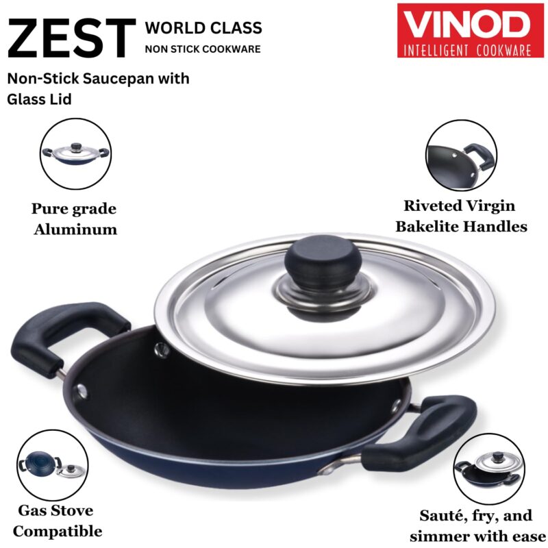 Vinod Zest Non Stick Appachetty with Lid - 20 cm| Appam Pan | 3 mm Extra Thick | 3 Layer Coating | Metal Spoon Friendly | Bakelite Handle | Gas Base | 1 Year Warranty - Blue - Image 7