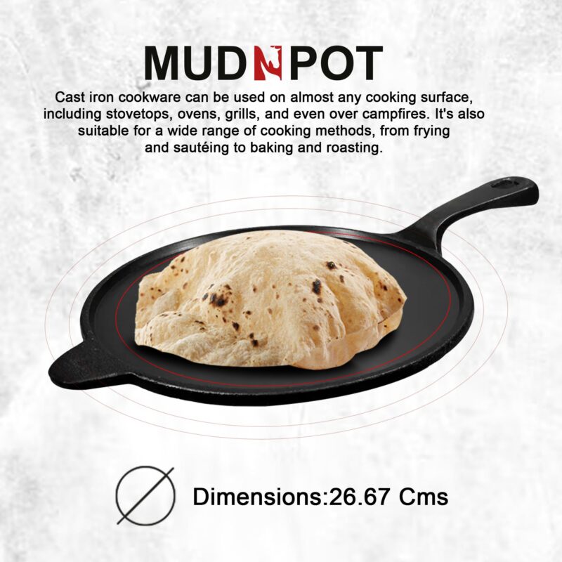MUD N POT Pre Seasoned Cast Iron Dosa Tawa/Roti Tawa | Long Handle Pan | 10.5 inches Diameter | Naturally Seasoned with Vegetable Oil | Non Toxic| Vintage - Image 8