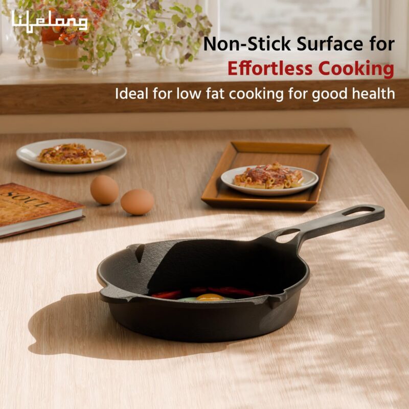 Lifelong Cast Iron Fry Pan 8 Inch (20mm) with Wooden Spatula | 2Ltr, 3kg Pan | Non-Stick Pre-Seasoned 100% Toxin & Teflon Free & Durable | Skillet for Cooking, Searing, Sautéing, & Frying - Image 5