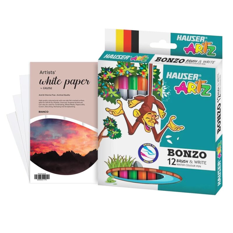 Hauser 2 In 1 Art Bonzo & Write Nib Water Color Pens With 6X6 Inches Colorissimi Paper Combo Pack