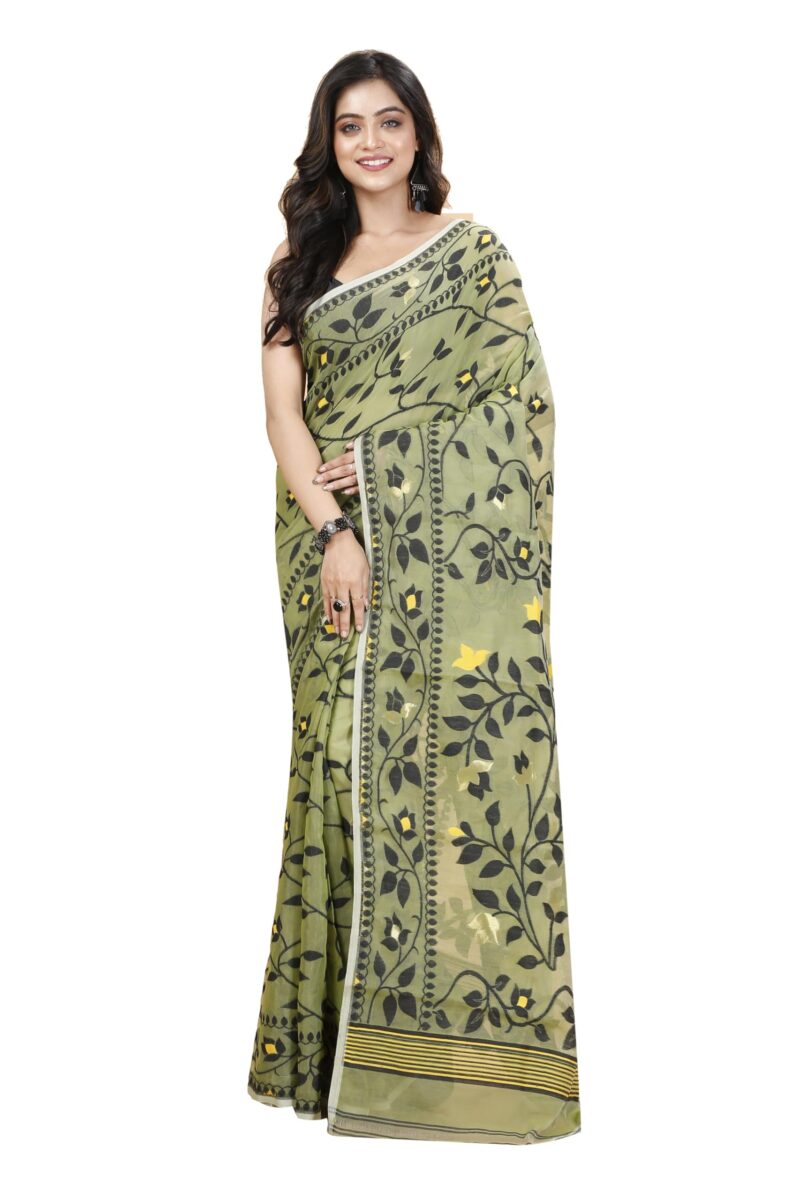Tant Vastra Women’s Soft Resham Dhakai Lata Jamdani Saree without Starch And Without Blouse Piece (Light Pista)