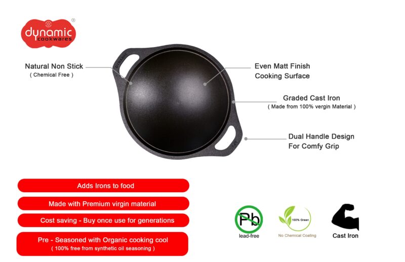 DYNAMIC COOKWARES Premium Pre-Seasoned Even matt Finish Cast Iron Appam Pan 8 Inch/22.05 cm | Gas Compatible | Naturally Nonstick Appam Patra/Chatti/Kallu/Palappam Pan, 100% Pure & Toxin-Free, Black - Image 6