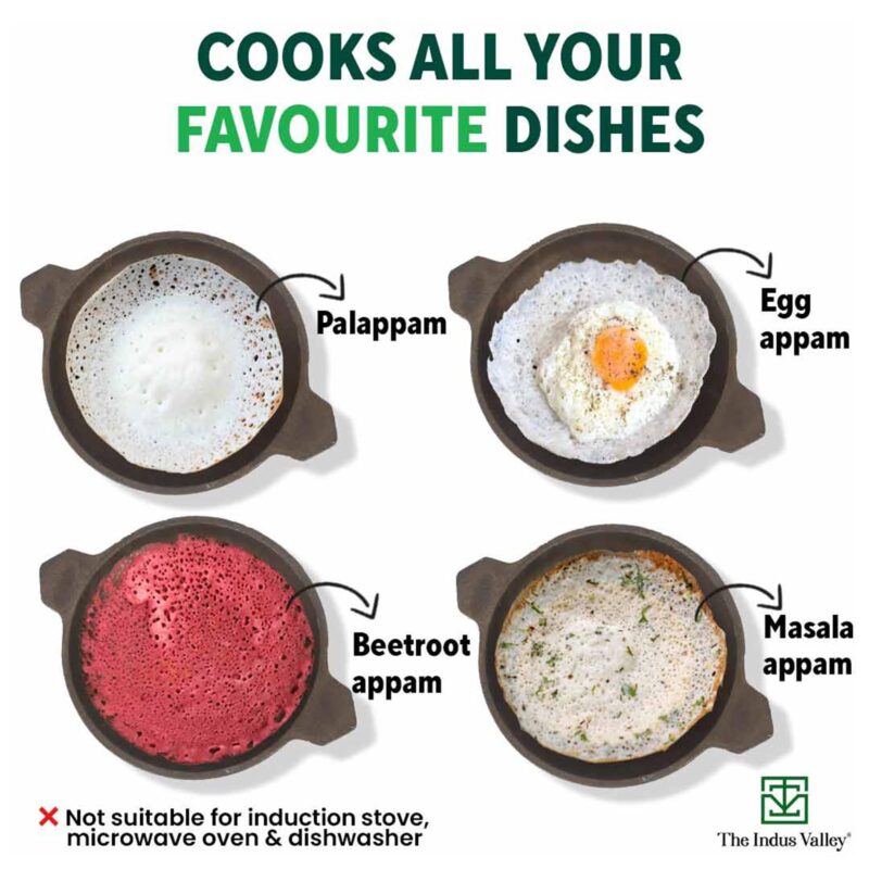 The Indus Valley Pre-Seasoned Cast Iron Appam Pan/Appachatty/Chetty Pan/Appam Patra with Glass Lid | 22 Cm/8.7 Inch, 1.5Kg | Gas Compatible | Nonstick Appam Pan, 100% Pure & Toxin-Free - Image 2
