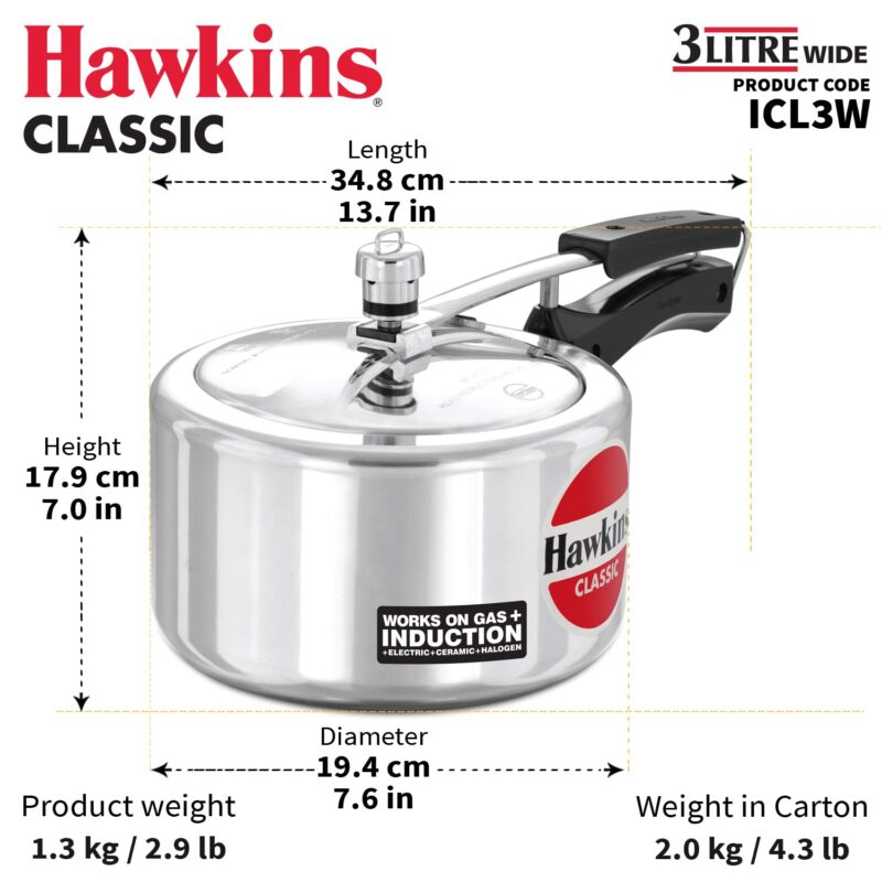 Hawkins Classic 3 Litre Inner Lid Aluminium Pressure Cooker, Induction Cooker, Wide Design Pan Cooker, Best Cooker, Silver (Icl3W), 3 Liter - Image 6