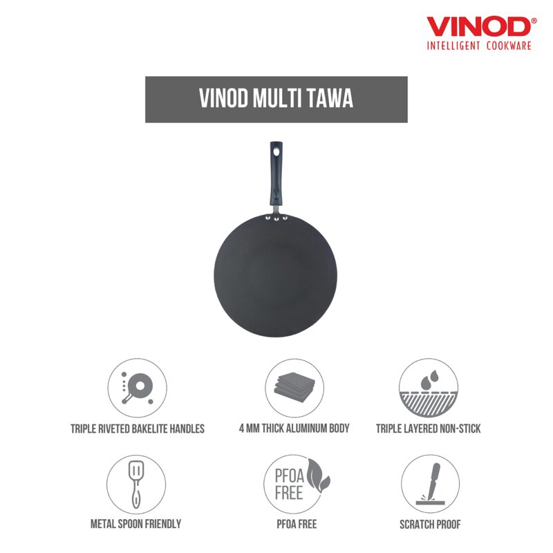 Vinod Zest Aluminium Non Stick Flat Multi Tawa - 32.5 cm | Triple Layer Ceramic Coating | 4mm Extra Thick Roti Tawa | Bakelite Handle | Gas and Induction Base | 1 Year Warranty - Image 7