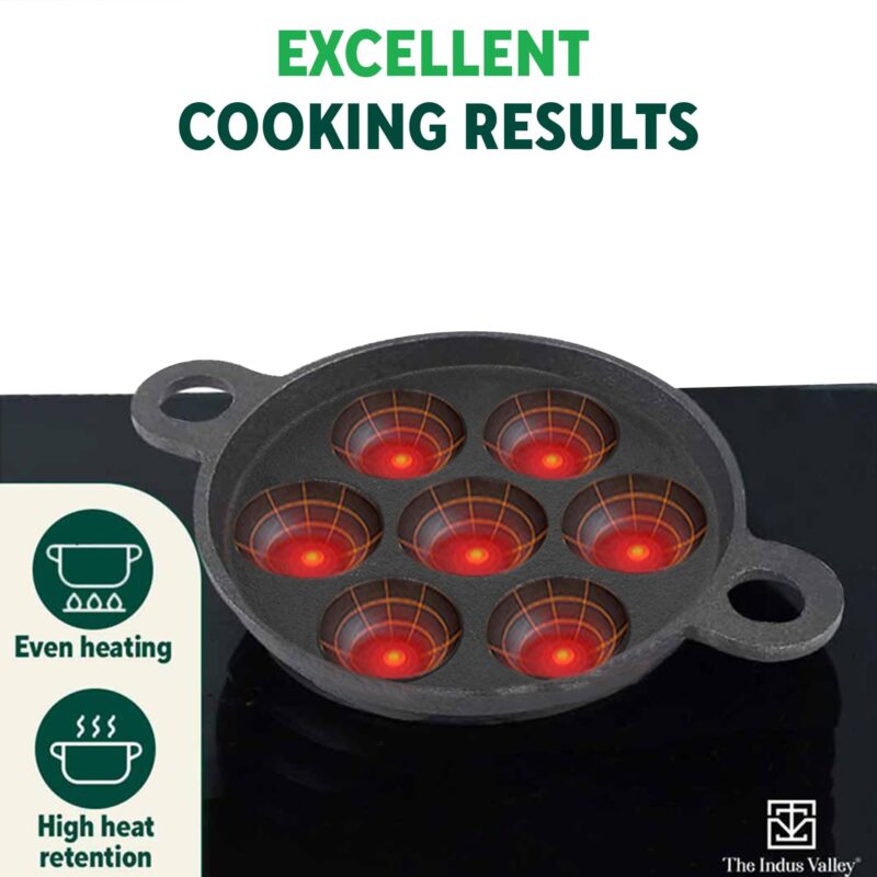The Indus Valley Super Smooth Cast Iron Paniyaram Pan | 7Pit, 19Cm/7.4 Inch, 2.2Kg | Induction Friendly | Nonstick, Pre-Seasoned Appe/Paddu Pan, 100% Pure & Toxin-Free, No Chemical Coating - Black - Image 6