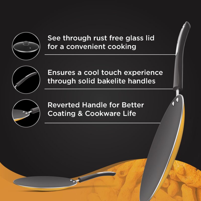 Preethi Dura Collection Non Stick Concave Tawa, 28 cm, Gas & Induction Compatible, 5 Star Non Stick Effect, Turmeric Yellow - Image 4