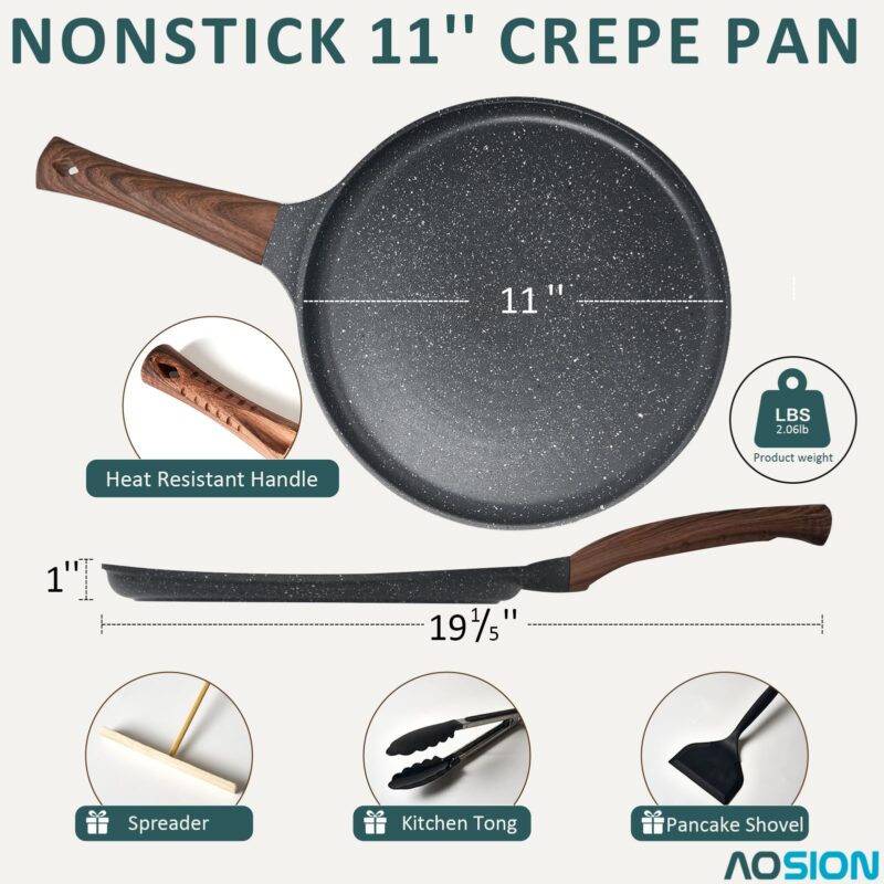 AOSION 11 inch Crepe Pan Nonstick Dosa Tawa Pan,Ceramic Coating Skillet Pan,Tortilla Pan for Pancake Omelette Steak Frying Egg with Ergonmic Handle,For All Stoves - Image 6