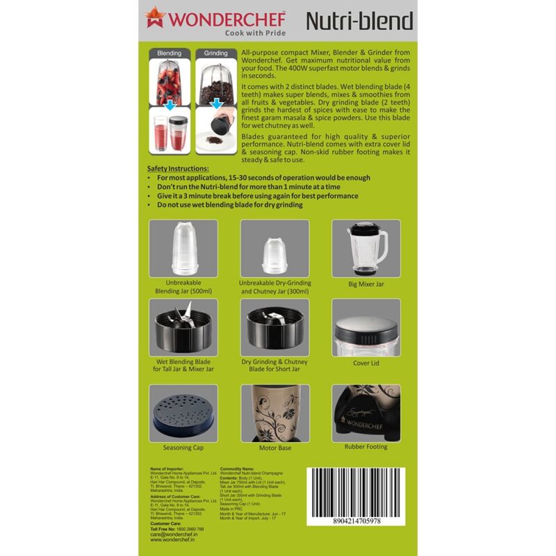 Wonderchef Nutri-Blend 63152294 400-Watt Mixer with 3 Jars (Champagne/Black) - Image 5